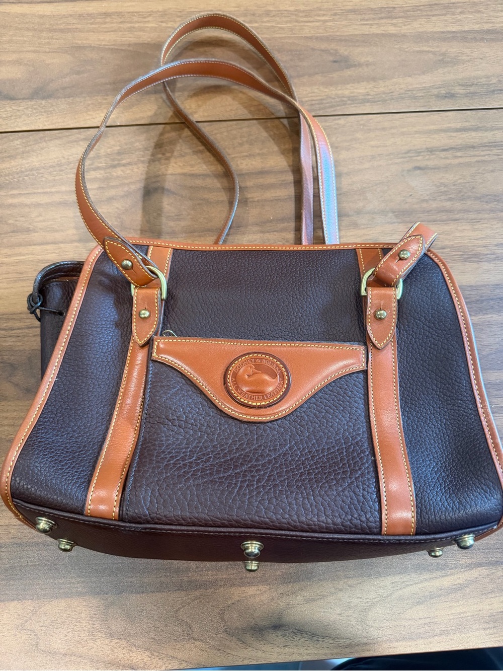 Vintage Dooney & Bourke Brown Pebbled Leather Satchel with Tan Trim